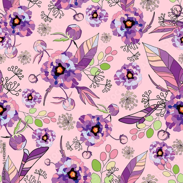 Fototapeta Elegant floral pattern. Seamless vector printing with purple rose flowers. Botanical composition on pink background. Template for textile design, cards, wallpaper, gift wrapping.