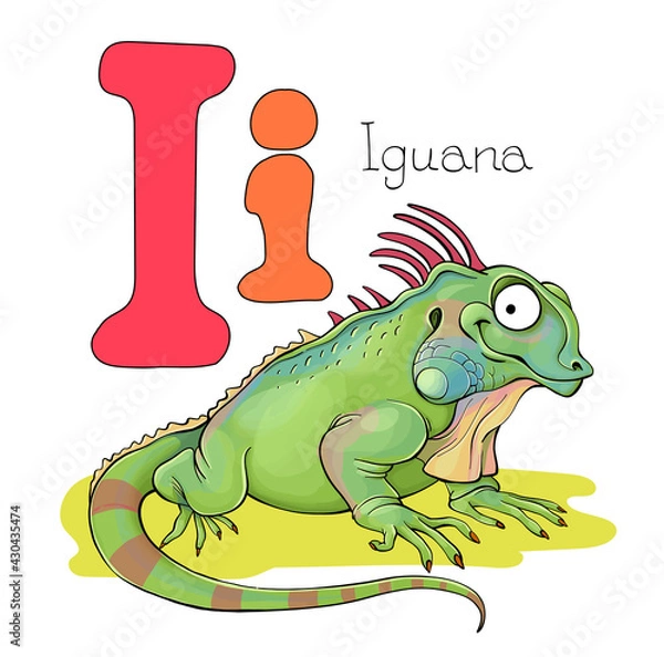 Obraz Vector illustration. Alphabet with animals. Large capital letter I with a picture of a bright cute iguana.