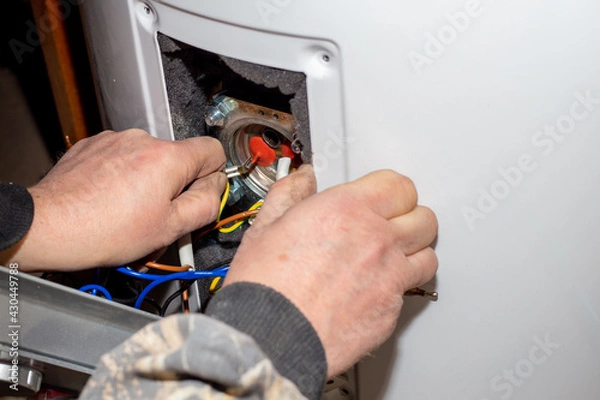 Fototapeta The foreman disassembled the electric boiler for repair and maintenance. Heater control relay