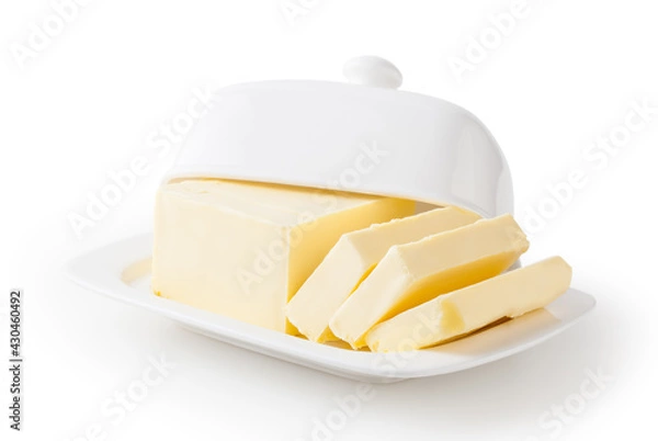 Fototapeta Fresh butter on white butter dish isolated on white background with clipping path