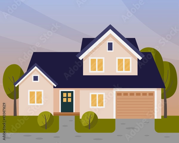 Fototapeta Vector scene with house in the evening. Two story house with a garage.