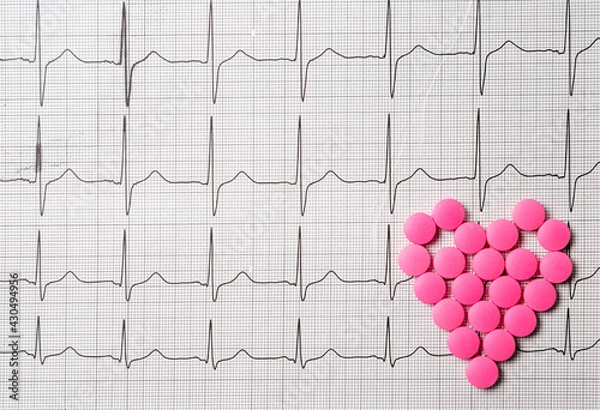 Fototapeta A pile of red pills in a shape of heart on cardiogram.