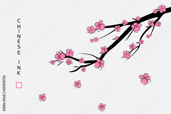 Fototapeta Vintage Chinese ink painting with plum flowers and tree branches with Chinese alphabet of spring in translation. Vector pattern.
