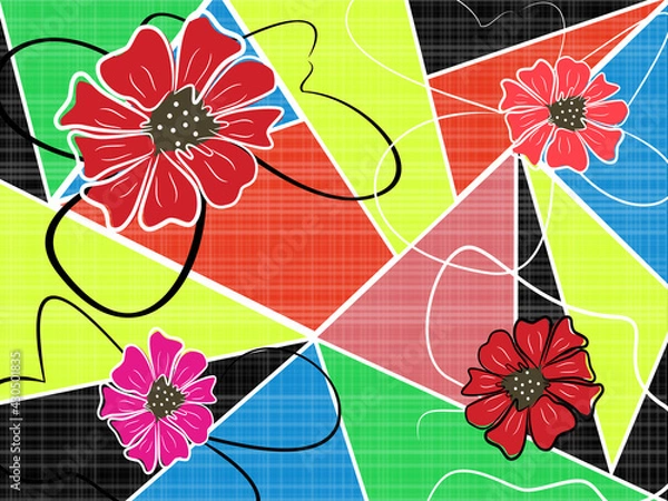 Fototapeta Vintage colorful floral pattern as abstract in colorful triangle tiffany fractal background.