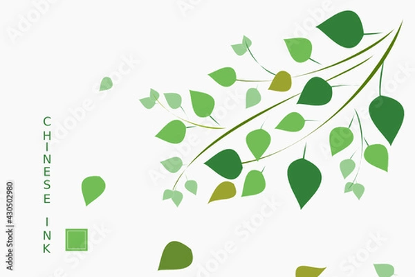 Fototapeta Vintage Chinese ink painting with green plants and tree branches with Chinese alphabet of quiet, still, calm, quiescent, tranquil, motionless in translation. Vector pattern.