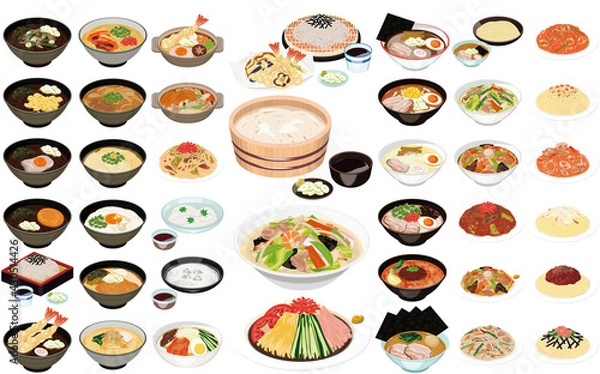 Obraz 麺類の人気メニューアイコン①（そば、うどん、ラーメン、パスタ）