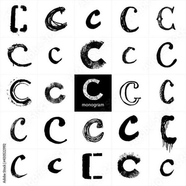 Obraz Monogram C. Set of handwritten stylish letters. Pencil and brushwork. Graphic elements for logo, postcard, posters, packages. The letters are drawn in various styles from elegant to street art.
