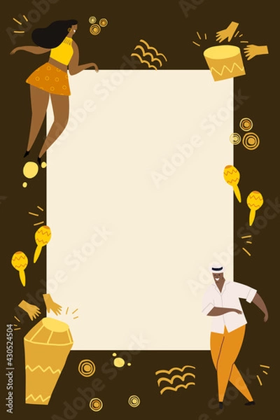 Fototapeta Template with bongos, dancers and conga drums. Design for card, flyer, invitation with space for text.