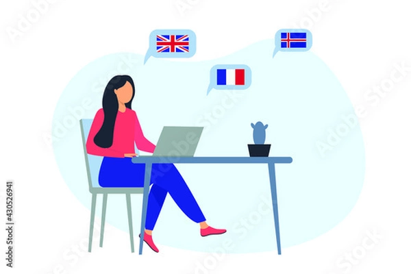 Fototapeta Training and webinars or foreign language lessons online flat vector illustration isolated on white background. Foreign language classes online