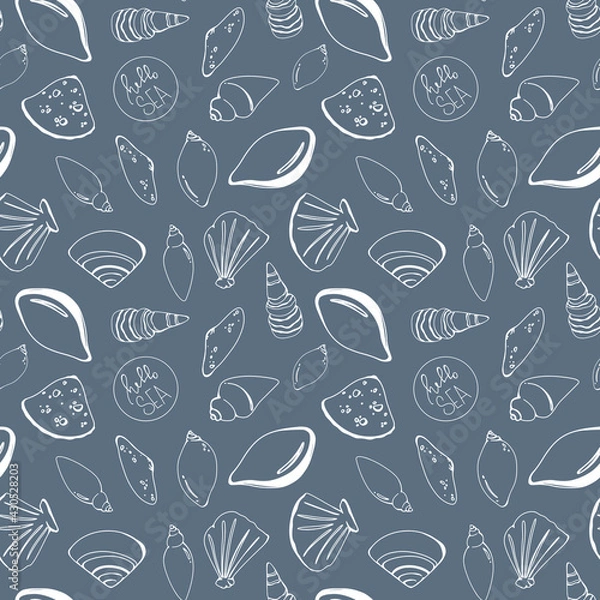 Fototapeta Seashell contour doodle seamless square pattern isolate on blue background. Digital art. Print for menu, cafe, packaging, tesktil, postcard, banner, poster, brand
