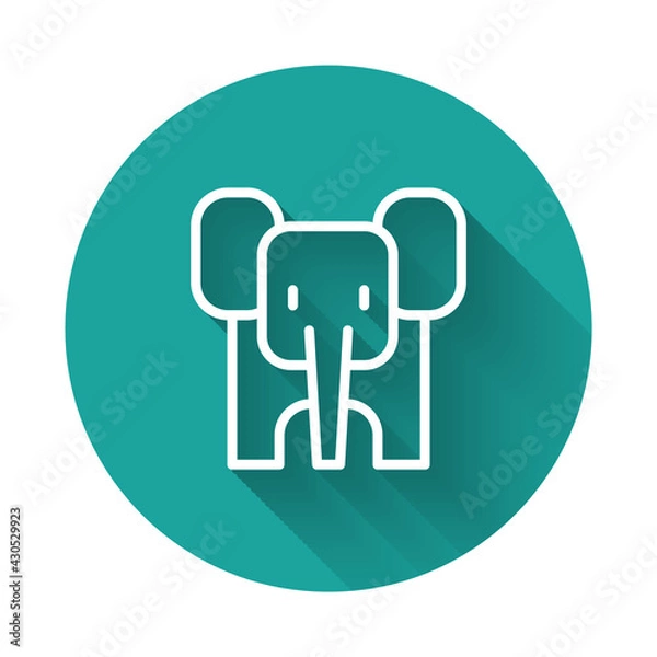 Fototapeta White line Elephant icon isolated with long shadow. Green circle button. Vector