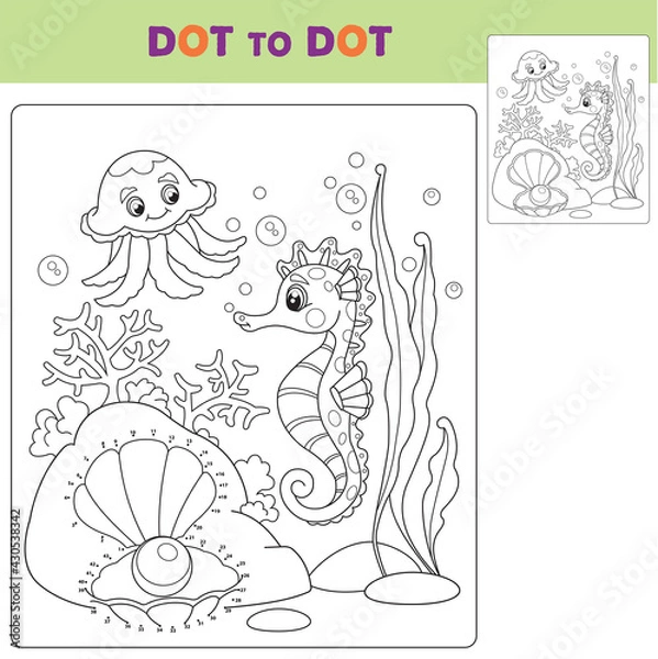 Fototapeta Numbers game, education dot to dot game for children. Vector illustration of Cartoon the seahorse and jellyfish. Coloring book.