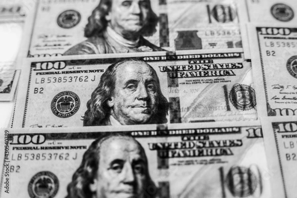 Fototapeta A lot of Money background. Dollars currency notes. Inflation rate. Economic crisis. Сurrency devaluation. Successful business. Close up, soft focus.