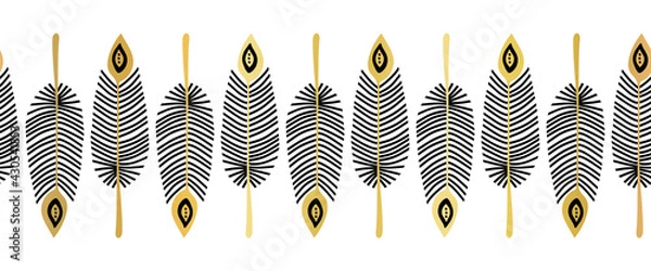 Obraz Seamless vector border feathers black gold. Repeating horizontal pattern hand drawn feather line art Boho illustration metallic golden texture. For banner, fabric trim, footer, divider, home decor