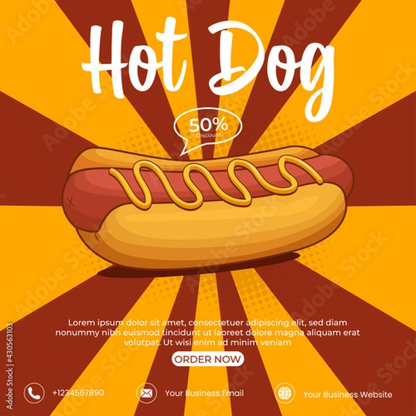 Obraz Hot Dog Ads Poster template, delicious fast food best choice. hotdog banner for promotion.