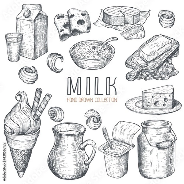 Obraz Milk products collection. Hand drawn elements. Vector illustration.