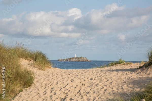 Fototapeta View of Somo Beach with Mouro Island and Lighthouse; Santander