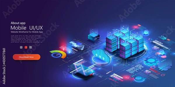 Fototapeta Concept of big data processing center, future cloud database. Digital service or app with data transfering. Online computing technology. Servers and datacenter connection network. Isometric vector