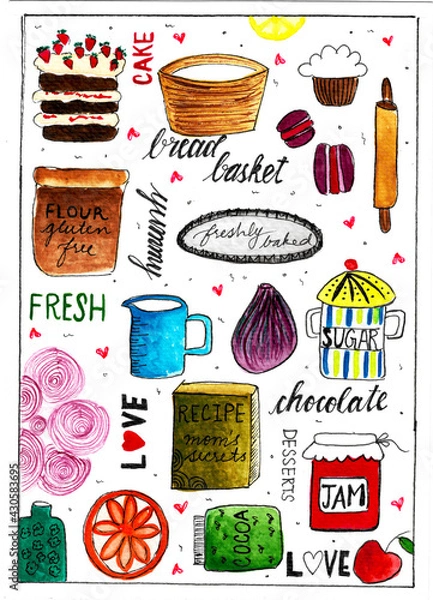 Obraz A food pattern using different kitchen, cooking and baking ingredients and equipment. This illustration highlights the power of love in cooking and sends a message of how love makes the food yummy.