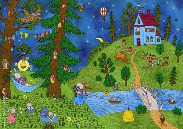 Obraz Rabbits are walking in a fairy forest. Digital art. Cute illustration for the decor and design of posters, postcards, prints, stickers, invitations, textiles and stationery.