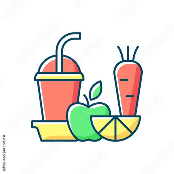 Obraz Fresh juice to go RGB color icon. Fruit and vegetable smoothies. Balanced diet. Meal replacement. Juicing, blending ingredients. Breakfast alternative. Healthy digestion. Isolated vector illustration
