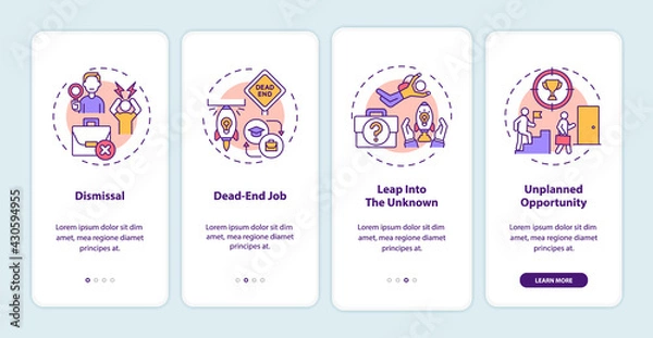 Obraz Job transition reasons onboarding mobile app page screen with concepts. Resignation causes walkthrough five steps graphic instructions. UI, UX, GUI vector template with linear color illustrations