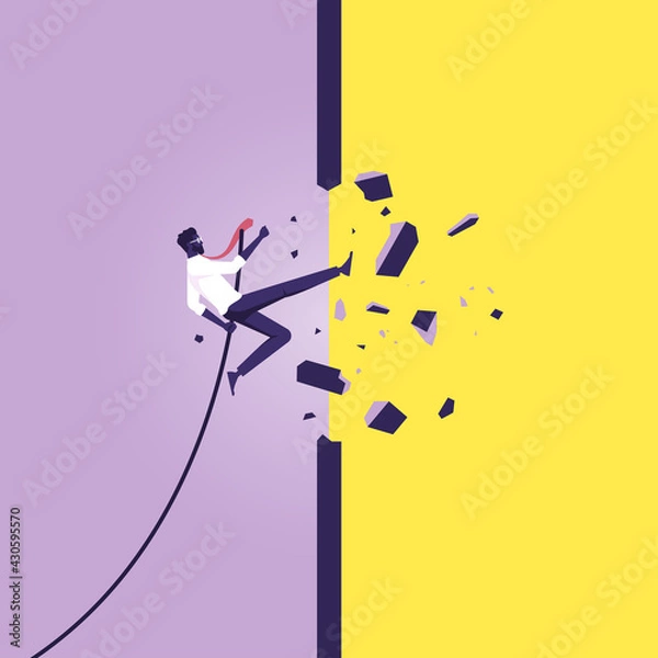 Fototapeta Business success and strength concept, Businessman jump breaking the wall to open a new way, employee overcomes obstacle