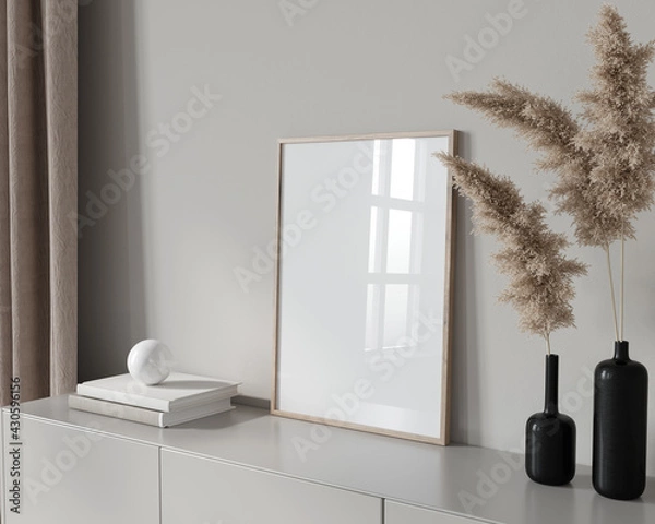 Obraz Frame mockup interior in beige colors with side view and glas…