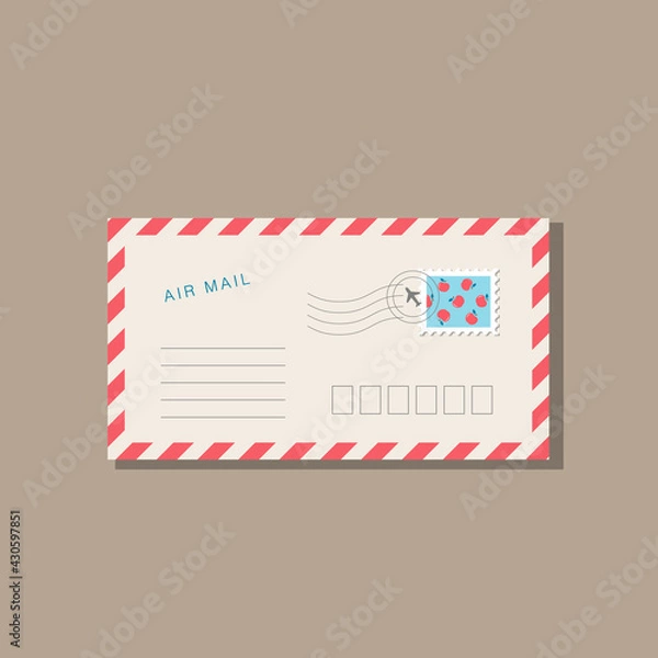 Fototapeta Beige envelope with frame of red stripes. Postage stamp with red apples on blue background. With shadow, isolated on dark beige background. Vector illustration, trendy style, cozy pastel colours