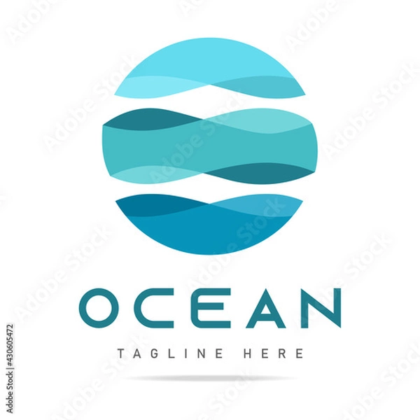 Obraz Abstract blue global logo sphere with wavy lines in circle sea waves,ocean,lake,river flow,water vector design template.Icon beach,symbol summer,badge hotel,pictogram tourism,sign voyage,cruise travel