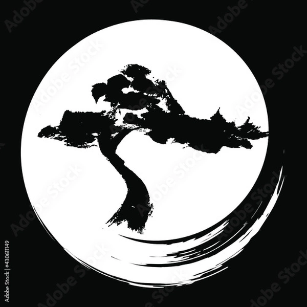 Fototapeta Vector illustration in oriental style. A tree on the background of the moon, drawn by hand with a brush. The concept of traditional Japanese or Chinese painting.
