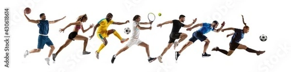 Obraz Collage of different professional sportsmen, fit people in action and motion isolated on white background. Flyer.
