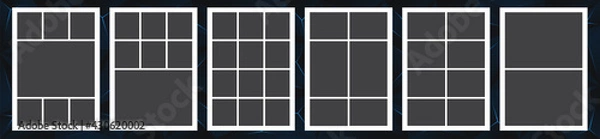 Fototapeta Photo collage grid. Vector. Mood board template. Set of blank moodboard. Pictures on dark polygon background. Mosaic frame banner. Photography album layout.