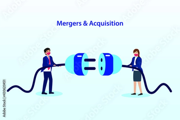 Fototapeta Merger and Acquisition vector concept. Businessman and businesswoman connecting a plug to merger their company