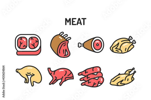 Obraz Meat and fish color line icons set. Isolated vector element. Outline pictograms for web page, mobile app