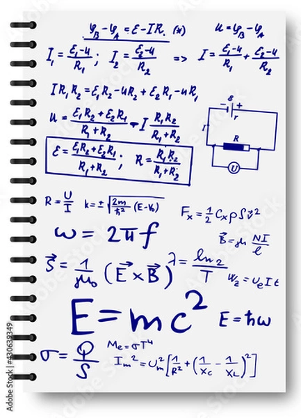 Obraz Ink scrawls on a white notebook. Notepad, formulas, shapes, physics. The concept of education. Illustrations can be used to return to the school topic, physics, natural sciences