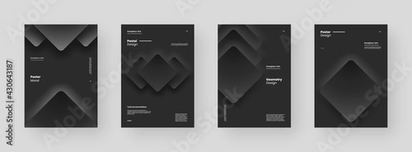 Obraz Abstract set Placards, Posters, Flyers, Banner Designs. Black and white illustration on vertical A4 format. 3d geometric shapes, form. Decorative neumorphism backdrop.