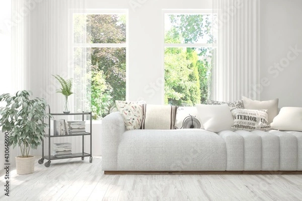Fototapeta Minimalist living room in white color with sofa and summer landscape in window. Scandinavian interior design. 3D illustration