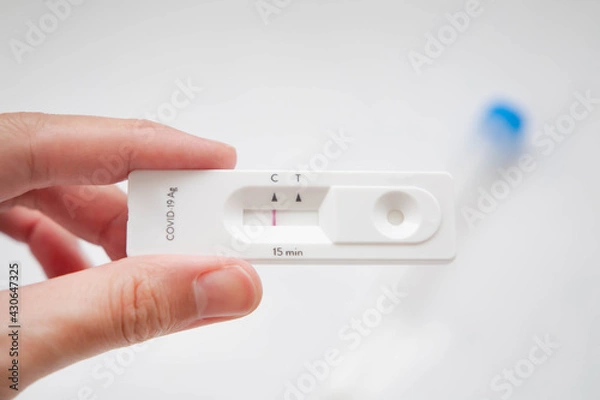 Obraz Hand holding rapid test kit for detecting coronavirus antigen. Single mark on C area, which mean negative result, Virus was not detected. Selective focus