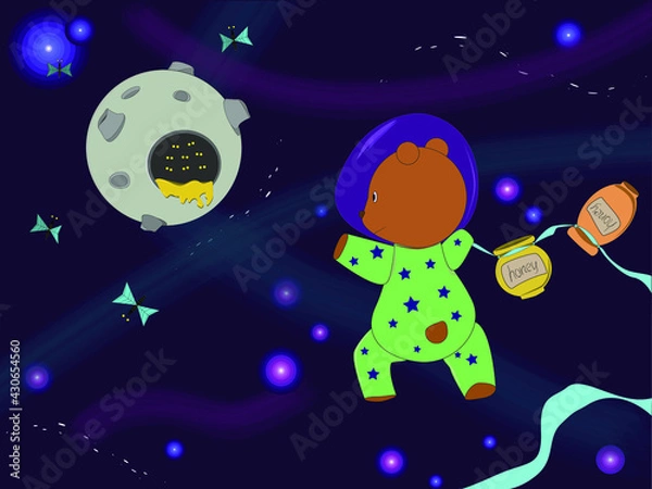 Fototapeta in his dream, the astronaut bear flies to the osteroid for space honey, but space bees meet him