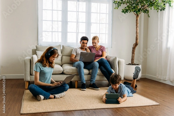 Obraz Young caucasian family with father, mother, daughter and son using laptop, digital tablet and mobile phone to browse social media in living room at home