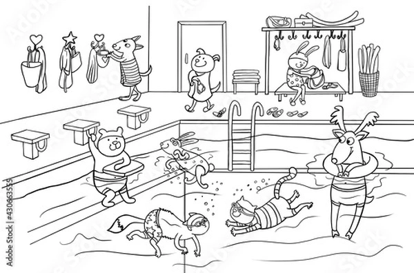 Fototapeta Hand drawn black and white cartoon illustration of a public swimming pool. Different animals having fun and relax, diving under water in swimsuits and floating with rubber ring. Coloring book page. 