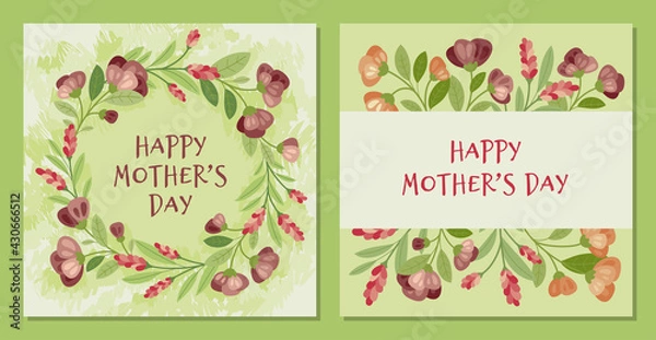 Fototapeta Mother's day - set of cards with Summer flowers in flat style. Vector Frame, poster, banner, template. Hello spring and summer. Spring mood. 