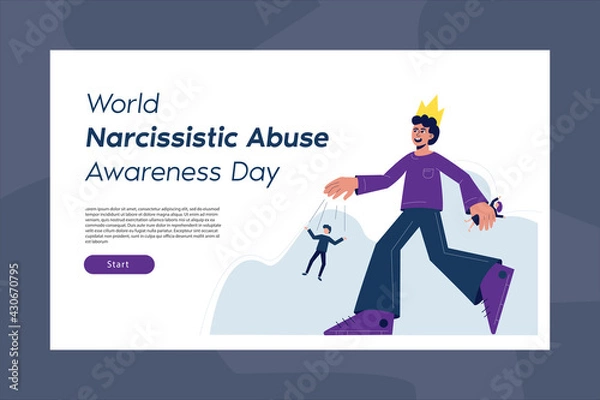 Fototapeta World Narcissistic Abuse Awareness Day. Landing page template with flat character. A man with a crown on his head is a symbol of an abuser and a manipulator.