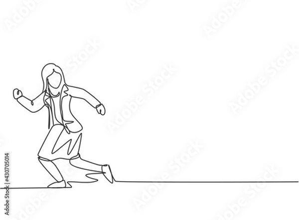 Fototapeta Continuous one line drawing young woman worker running chased by work deadline. Business time management discipline metaphor concept. Single line draw design vector graphic illustration.