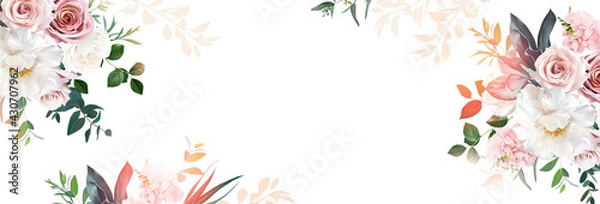 Fototapeta Floral banner arranged from leaves and flowers