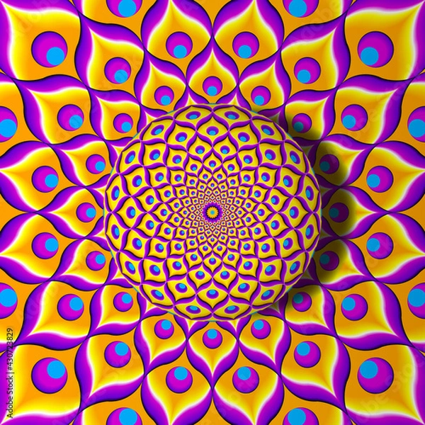 Fototapeta Yellow background from feathers of peacock with growing sphere. Optical expansion illusion.