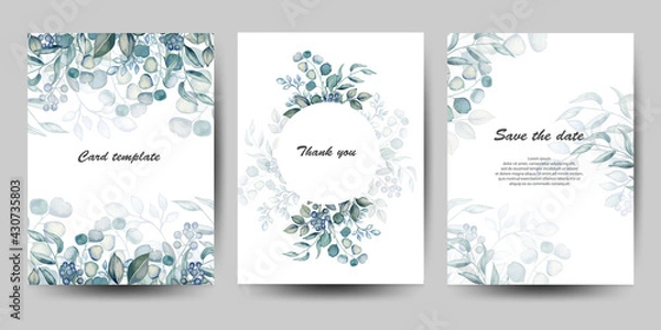 Fototapeta Wedding invitation cards set with leaves, eucalyptus and herbs. Vector isolated illustration.