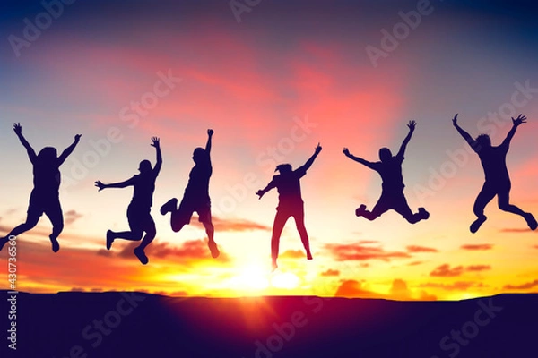 Fototapeta Silhouette happy friends jump on sunset sky at top of mountain abstract background.