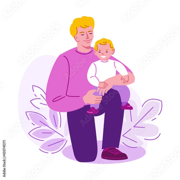 Fototapeta Father with a small kid on his knee. Happy family. Vector illustration in flat cartoon style.